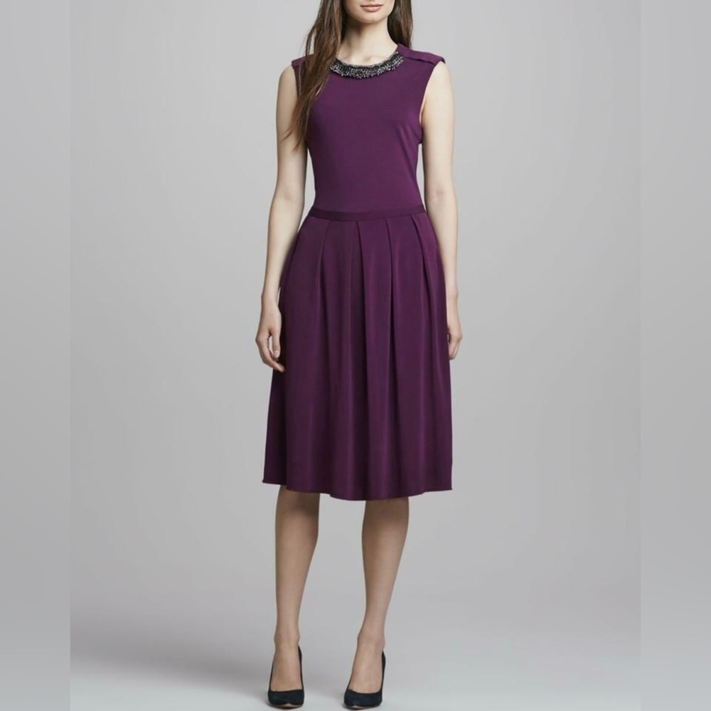 Tory Burch Wild Plum Eva Jewel Neck Embellished Dress XS Plisse A-Line $425